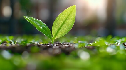 Wall Mural - Vibrant green plant seedling emerging from the soil with water droplets and sunlight nature scene illustrating growth freshness new life environmental concepts