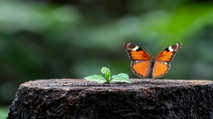 Wall Mural - Vibrant orange butterfly perched on a tree stump next to a small green plant with a blurred green background creating a beautiful and peaceful natural scene perfect for nature lovers