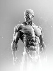 Poster - Muscle Diagram Illustrating Human Anatomy With Emphasis on Muscular Structure Set Against a Grayscale Background With Central Fade Effect