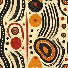 seamless abstract African tribal pattern of geometric lines, circles, waves, and bold shapes in ochre and terracotta
