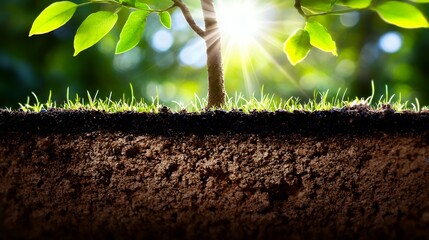 Wall Mural - Young tree growing from soil with sunlight