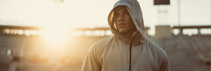 Fototapete - Athlete in Training Jacket Stands Contemplatively at Stadium During Sunset