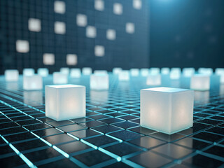 Poster - digital grid surface transforming into floating illuminated cubes