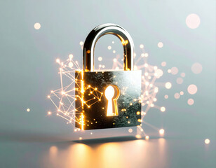 Poster - metallic padlock with glowing light effects and digital sparkles