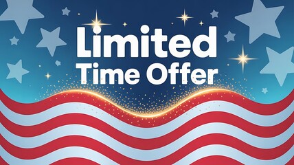 Aufkleber - flash sale poster with waving USA flag stripes at the bottom, LIMITED Time offer banner template for 4th July or independence day background for web headers created with generative ai.