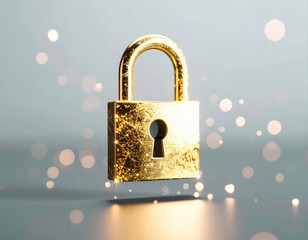 Poster - golden padlock made of geometric particles forming slow sequence