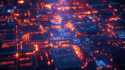 Poster - Advanced computer circuit board illuminated with glowing orange and blue electronic pathways showcasing modern technology and digital infrastructure