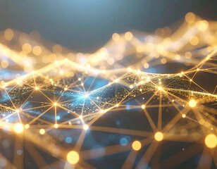 Poster - layered neural network mesh glowing with ambient gold and blue