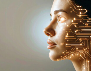 Poster - futuristic digital face of woman with glowing circuit lines her