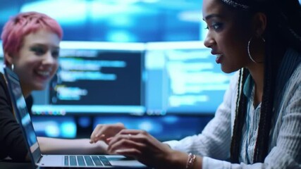 team collaborates on coding project in modern office space at night