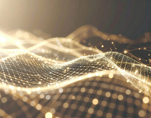 Poster - digital abstract of flowing data streams golden grid with glowing
