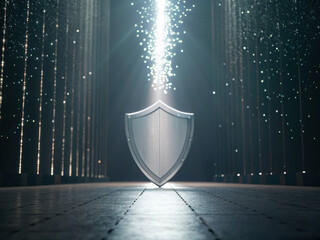 Poster - metallic shield stands futuristic setting with glowing particles