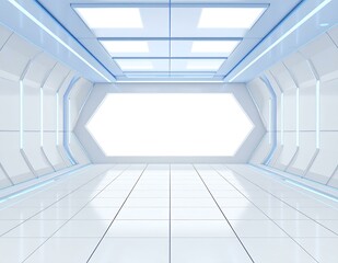 Poster - Futuristic White Corridor, Neon Lights, Clean Modern Design, Abstract Architecture, SciFi Interior, 