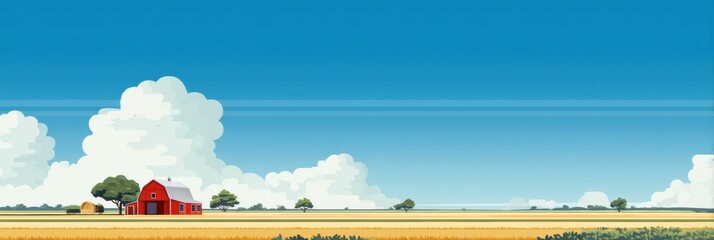 Poster - Flat Design of a Serene Farm Landscape Featuring a Red Barn and Golden Fields Under a Clear Sky Suitable for Text Placement