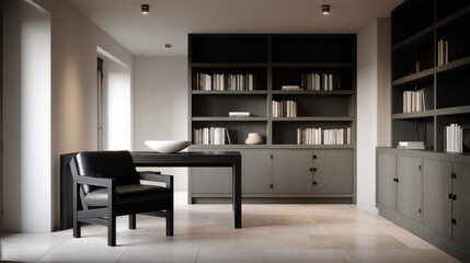 Leinwandbilder - Modern minimalist home office interior with dark wood furniture, bookshelves filled with books, and a black leather chair. : Generative AI