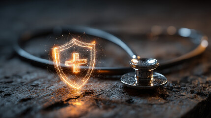 Poster - Glowing digital shield with medical cross symbol, rests near a stethoscope on dark wood surface.  Healthcare, protection, and medical technology concept. : Generative AI