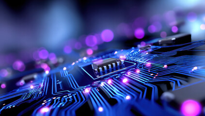 Fototapete - Close-up view of a circuit board with glowing blue lines and a central processor, showcasing intricate technological detail and vibrant color. : Generative AI