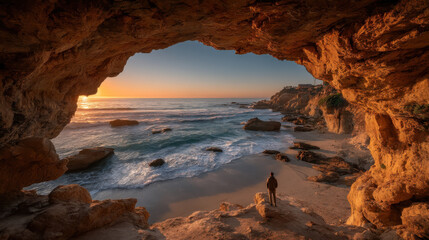 Poster - A lone figure contemplates the breathtaking sunset over a tranquil beach, viewed from a dramatic sandstone cave, the ocean waves gently lapping the shore. : Generative AI