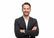 © Over View - Smiling man in suit with arms crossed against white background, looking at camera
