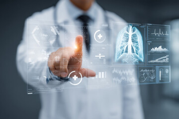 Poster - Doctor using futuristic touchscreen interface displaying medical data, including a lung x-ray and various health metrics, showcasing advanced healthcare technology. : Generative AI