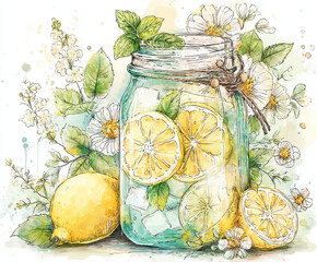 Poster - Refreshing lemonade in a mason jar, surrounded by lemons, mint, and chamomile flowers.  A watercolor-style illustration perfect for summer drinks or healthy lifestyle concepts. : Generative AI