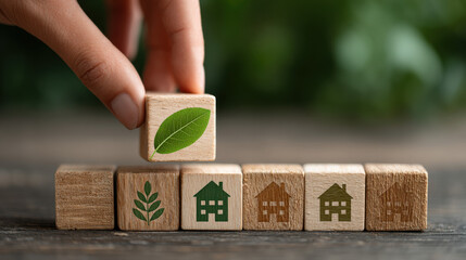 Aufkleber - Hand placing wooden block with leaf symbol onto row of blocks showing houses, representing eco-friendly housing and sustainable living choices. : Generative AI