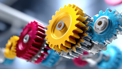 Aufkleber - Close-up view of colorful metallic gears interlocked, showcasing intricate details and a dynamic sense of motion.  The gold, red, blue, and silver gears represent teamwork and precisio : Generative AI
