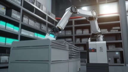 Poster - Automated robotic arm placing documents into trays with barcode scanner and sort system active