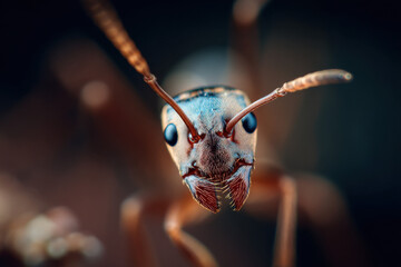 Poster - Extreme close-up of an ant's head, showcasing intricate details of its mandibles, eyes, and antennae.  The reddish-brown body contrasts with the deep blue-grey hue of its head, creatin : Generative AI