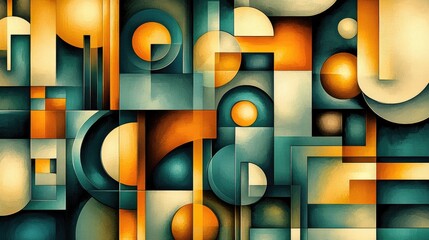 Poster - A series of geometric shapes in various bright colors arranged in a layered, abstract pattern, forming a visually captivating design