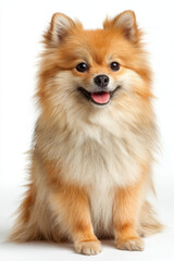 Poster - Adorable Pomeranian dog sitting, fluffy orange fur, happy expression, white background studio shot. Perfect for pet, animal, breed, canine themes. : Generative AI