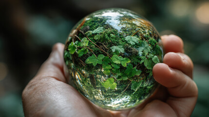 Poster - A hand gently cradles a glass sphere, showcasing a miniature forest scene within; vibrant green leaves and moss thrive against a backdrop of sunlit trees. : Generative AI