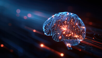 Poster - Abstract digital brain circuit board glowing with orange and blue light, representing artificial intelligence, neural networks, and technological innovation. : Generative AI