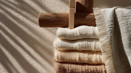 Poster - Stack of cream, beige, and brown textured throws draped over wooden rack, illuminated by sunlight streaming through window. : Generative AI