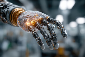 Fototapete - Close-up view of a futuristic robotic hand, showcasing intricate metallic joints and glowing internal mechanisms, suggesting advanced technology and artificial intelligence. : Generative AI