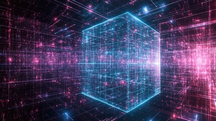 Poster - Digital D cube with glowing edges and interconnected lines floating in an abstract, futuristic design