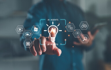 Poster - Businessman interacting with AI agents interface, illustrating artificial intelligence innovation, automation, data processing, and digital transformation technologies.