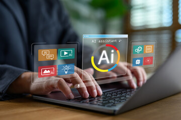 Poster - Hands typing on laptop with AI assistant interface for multimedia, data, and smart technology, illustrating artificial intelligence tools for productivity, automation, and content creation.
