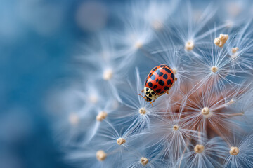 Poster - A ladybug with black and red spots delicately perched atop a dandelion seed head, against a soft blue backdrop. The image showcases intricate details of both the insect and the flower. : Generative AI