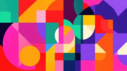 Poster - Dynamic geometric abstraction with circles, squares, and triangular shapes in bright colors, blending together into a unified composition