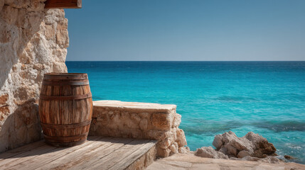 Poster - Old wooden barrel rests on a stone ledge overlooking a vibrant turquoise sea under a clear blue sky, a tranquil coastal scene. : Generative AI
