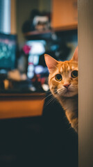 Poster - Curious ginger cat peeking from behind a door, in a dimly lit home office setting.  The cat's amber eyes are wide, showing playful curiosity. : Generative AI
