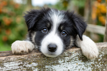 Poster - Adorable border collie puppy rests its paws on a weathered wooden fence, gazing directly at the camera with big, expressive eyes.  The blurred background suggests a lush, green garden  : Generative AI
