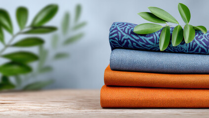 Poster - Stack of folded textiles in blue, orange and teal, with green leaves on top, on a wooden surface.  Eco-friendly fabric concept. : Generative AI