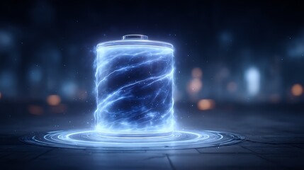 Wall Mural - glowing energy battery with futuristic cityscape.