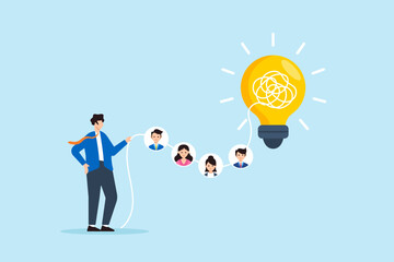 Poster - Flat illustration of businessman transforming tangled team connections into glowing structured idea during strategic brainstorming session