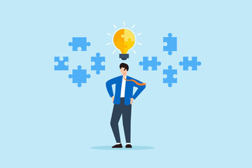 Poster - Flat illustration of businessman analyzing floating puzzle pieces around glowing lightbulb symbolizing creative thinking and strategic problem solving