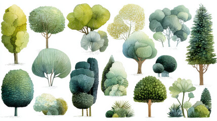 Poster - Collection of stylized watercolor trees and shrubs, perfect for landscape design or illustration projects.  Various shapes, sizes, and shades of green are depicted. : Generative AI