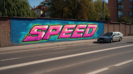 Aufkleber - A vibrant graffiti mural depicting the word 'SPEED' in pink and teal hues adorns a brick wall alongside a city street, with a car passing by. : Generative AI