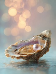 Aufkleber - Oyster Shell Opened With Lustrous Pearl Against a Softly Blurred Background Illuminated by Gentle Top Light